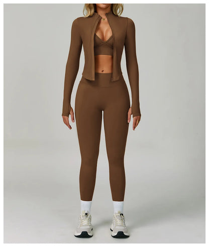 2/3PCS Women’s Seamless Yoga & Gym Set – Push-Up Sports Bra, Long Sleeve Jacket & Workout Leggings