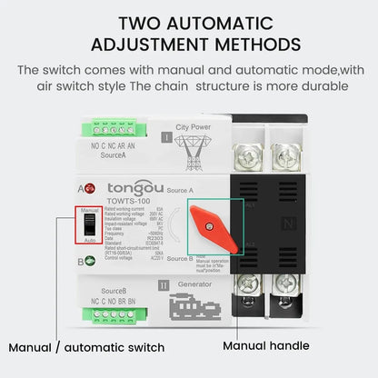 TONGOU Din Rail ATS Dual Power Automatic Transfer Switch – 2P 3P 4P Electrical Selector, Uninterrupted Power, 63A-100A Mini