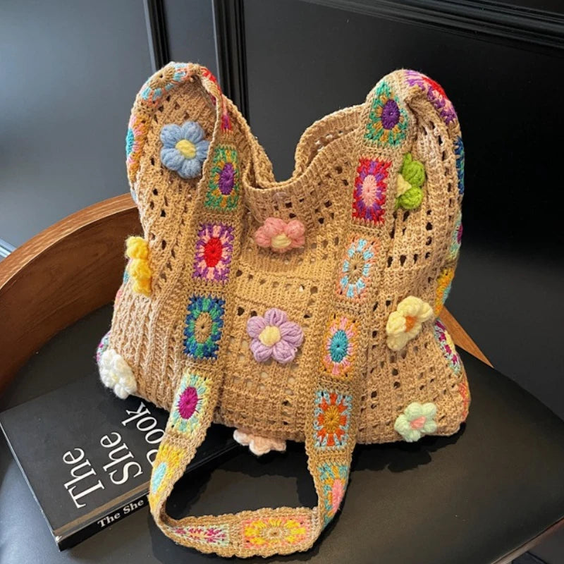 Women’s Boho Crochet Tote Bag – Floral Knitted Large Capacity Beach Shoulder Bag Summer Woven Shopper Handbag