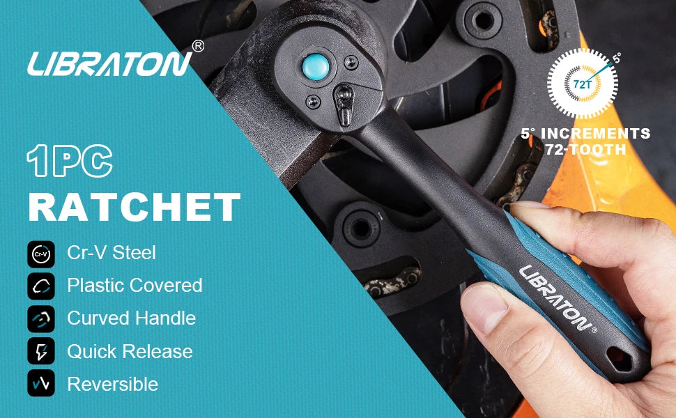 Libraton 1/4 Inch Ratchet Handle – Teardrop Head, Quick-Release, Comfort Grip, 1-Pack