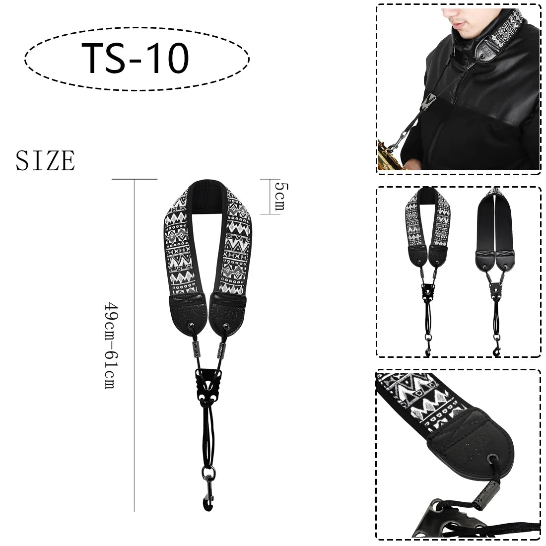 Saxophone Neck Strap - Adjustable Leather Universal Fit for Soprano, Alto, Tenor Sax with Secure Closed Hooks