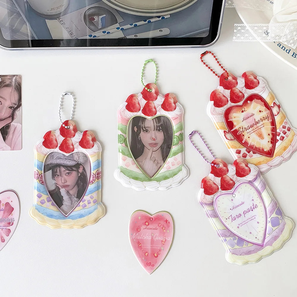 Strawberry Cake Bag Pendant - Cute Cartoon 3-Inch Card Holder & Photo Keychain Gift