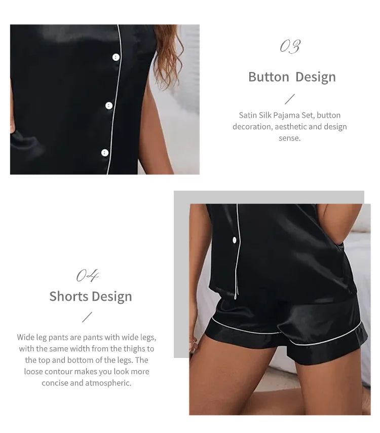 Women's Satin Pajamas Set – Summer Two-Piece Sleepwear with Button-Down Top and Shorts, Comfortable Nightwear Loungewear