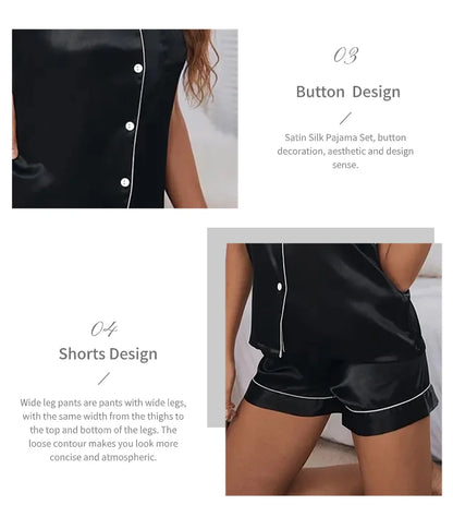 Women's Satin Pajamas Set – Summer Two-Piece Sleepwear with Button-Down Top and Shorts, Comfortable Nightwear Loungewear
