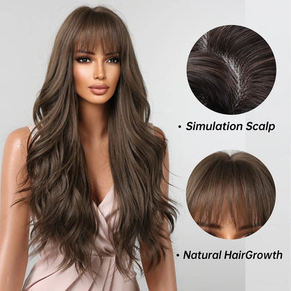 Brown Wavy Long Wig for Women with Bangs — Natural-Look Synthetic Hair, Heat-Resistant for Daily & Cosplay