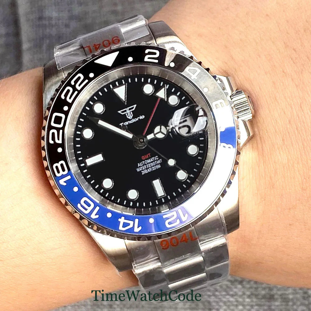 Tandorio 40mm Men’s Automatic Watch – NH34A Movement, GMT Function, Luminous Black Dial, Sapphire Crystal, Auto Date & Rotating Bezel