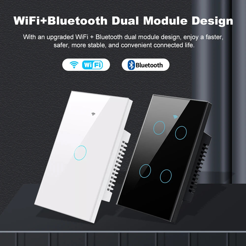 Tuya Smart WiFi Bluetooth Wall Touch Light Switch No Neutral Wire Required US 1-4 Gang Alexa Google Home Compatible Switch