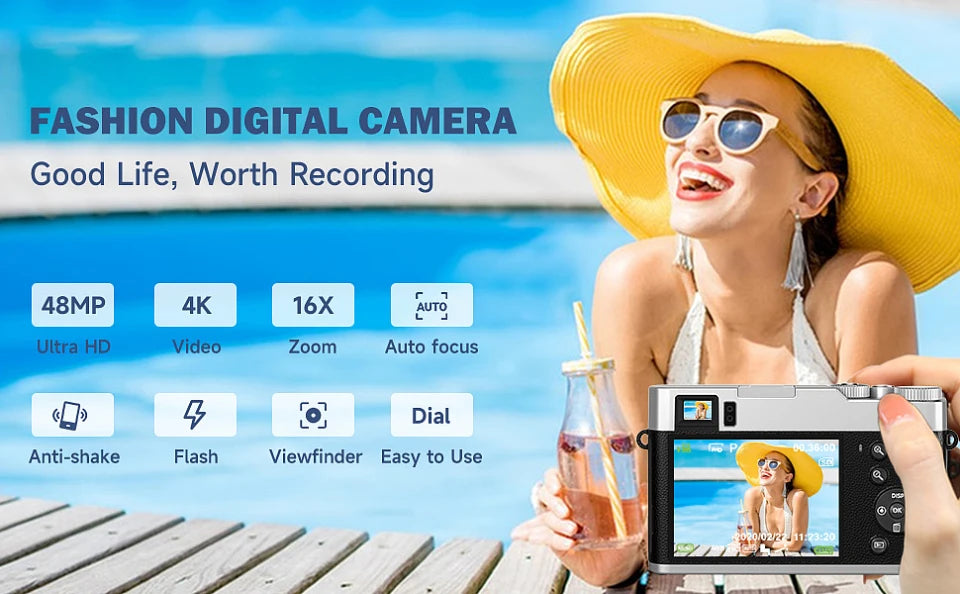 4K Digital Camera with Auto Focus – 48MP Vlogging Camera for YouTube, Anti-Shake Video, Viewfinder, Flash & 16X Zoom