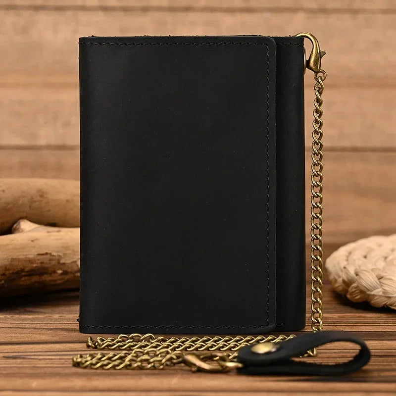 Men’s Genuine Leather Short Wallet with Chain – Trifold Zipper Clutch, Card Holder & Coin Purse