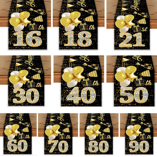 Black & Gold Birthday Table Runner – Polyester Diamond Number Crown Table Cloth for Party Centerpiece Decoration