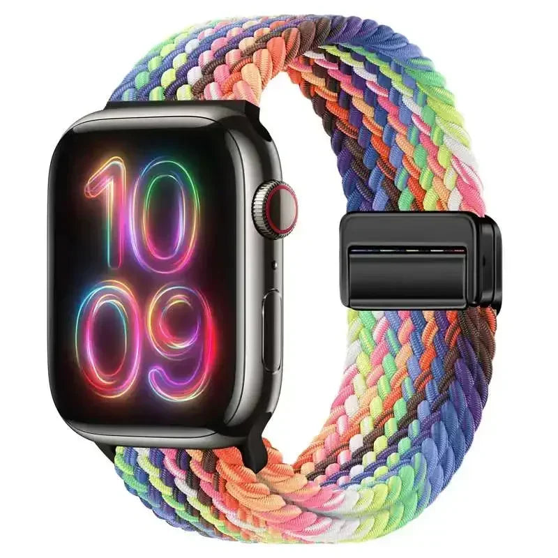 Nylon Braided Loop Apple Watch Band – Magnetic Metal Bracelet Strap for Ultra 2, Series 3–9 & SE (40mm–49mm) Adjustable Wristband