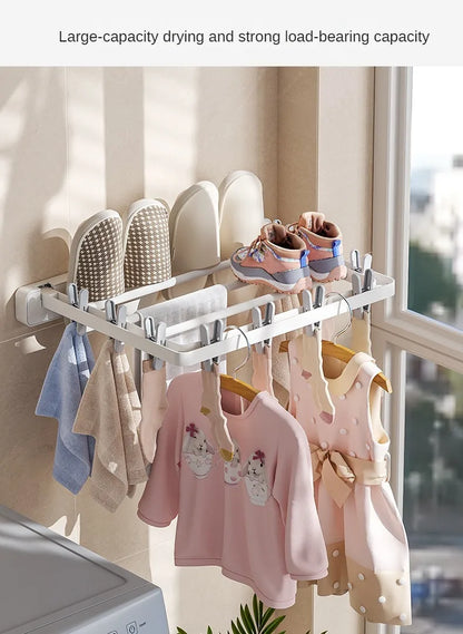 Wall-Mounted Folding Drying Rack with Windproof Sock Clips – Space-Saving Clothing Hanger for Household Laundry