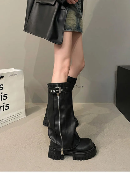Winter Women's Biker Boots – Fashion Belt Buckle Knee-High Platform Booties