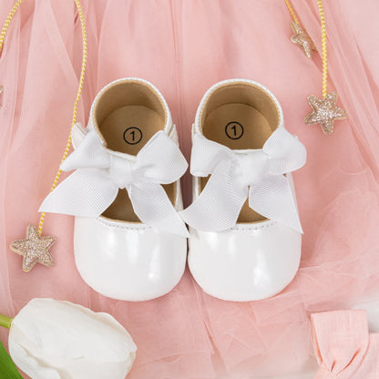 Meckior Baby Girl Shoes – Bowknot PU Ballet Slippers with Rubber Anti-Slip Sole, First Walker Toddler Crib Dress Shoes