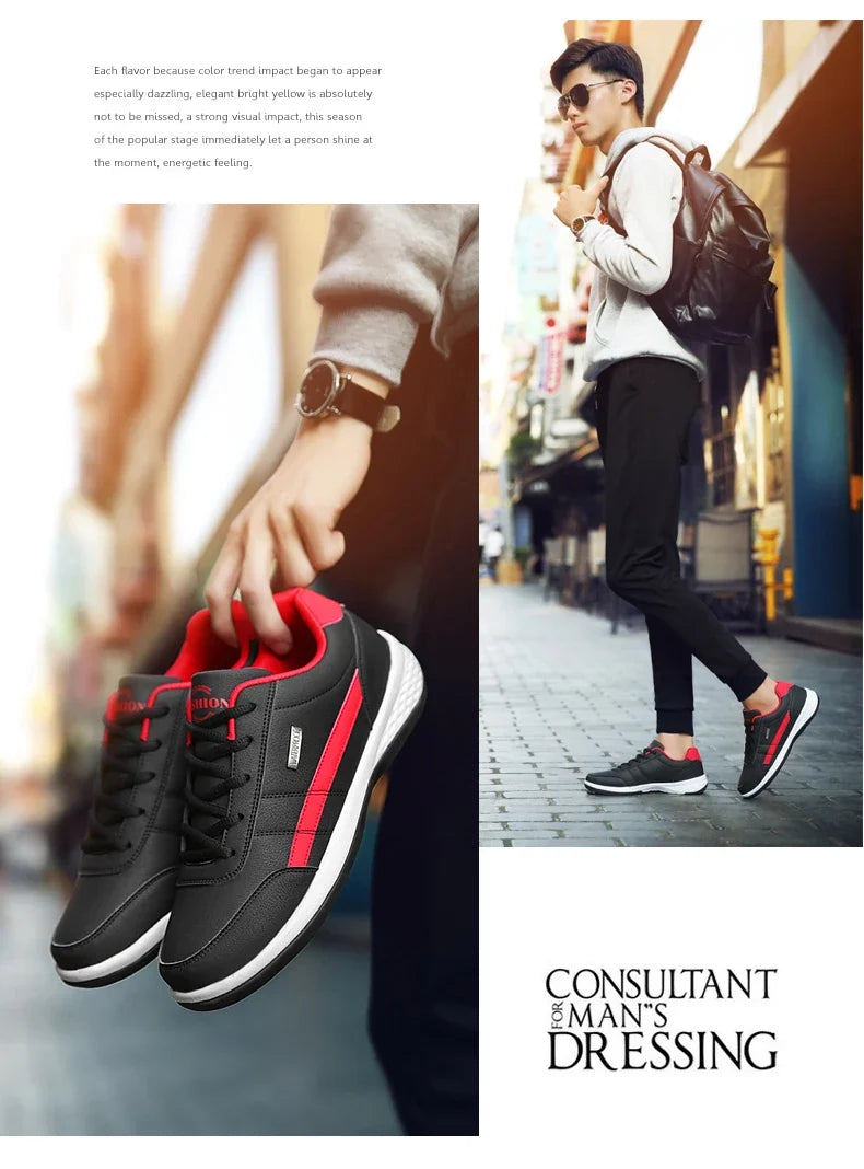 MAEDEF Men's Leather Sneakers – Waterproof Casual Lace-Up Footwear, Comfortable Vulcanized Shoes for Men