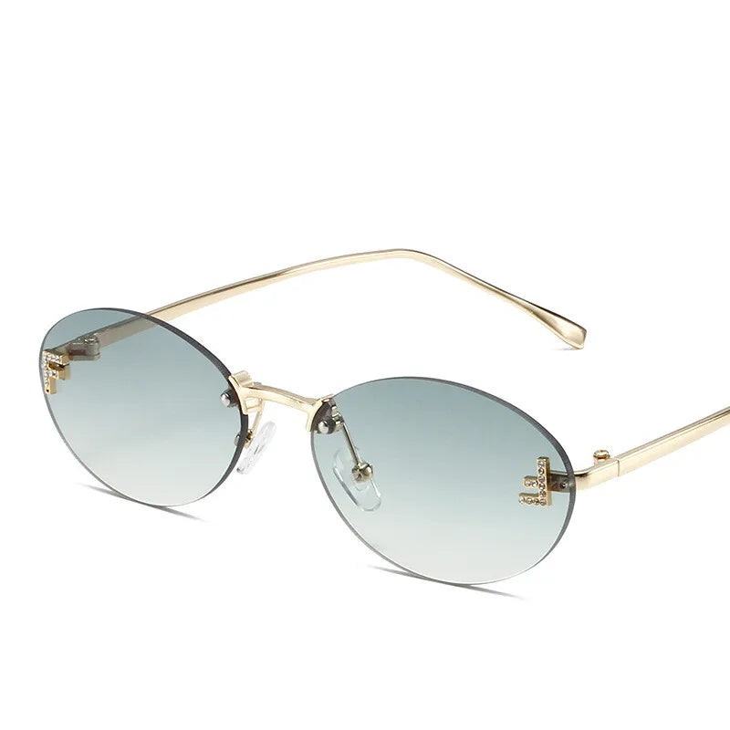 Diamond Letter "F" Rimless Sunglasses | Women’s Luxury Metal Frame Black Oval UV400 Shades