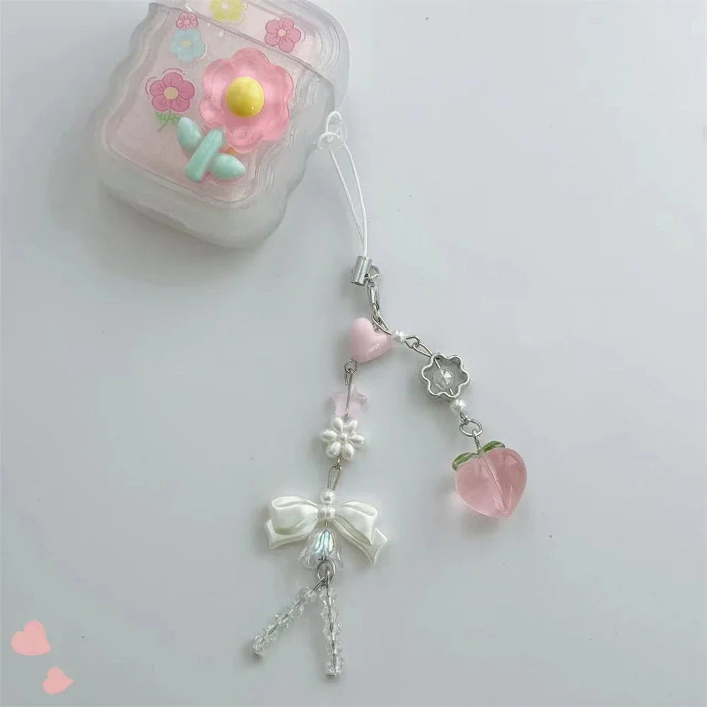 Pink Peach Phone Charm - Cute Bowknot Beaded Handmade Pendant Keychain for iPhone Camera Chain & Sweet Accessories