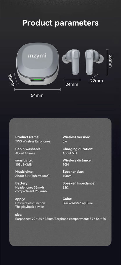 mzymi A98 TWS True Wireless Earbuds | ENC Noise-Reducing Waterproof Sport Headphones