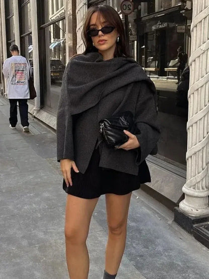 ZBZA Women’s Asymmetric Scarf Knitted Jacket – O Neck Single Button, Side Slit Loose Coat, Winter Chic Outerwear