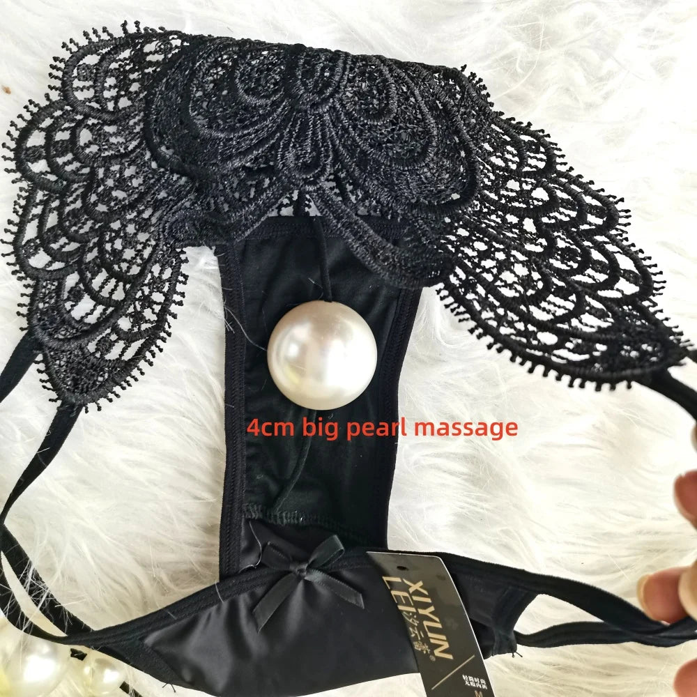 Women’s Lace Embroidered Thong Panties – Beaded Faux Pearl Design T-Back G-String Underwear, Hollow Out Sexy Lingerie Intimates