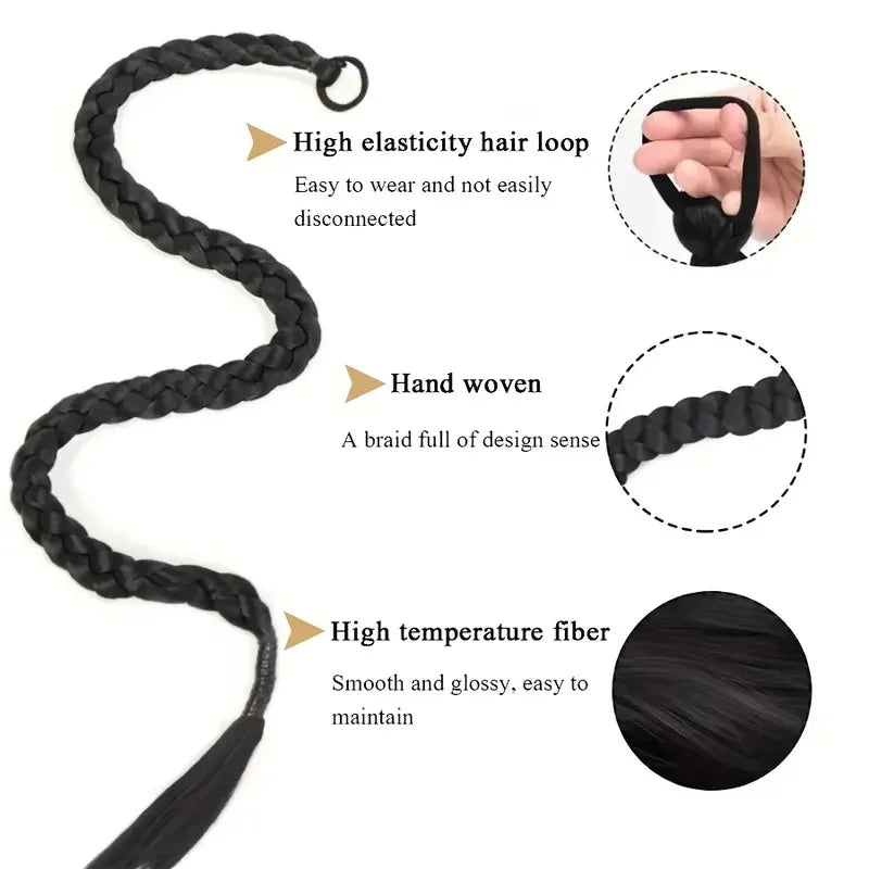 Women’s Long Box Braid Ponytail Extension - Synthetic Straight Braided Hairpiece with Clip-In Elastic Band for Daily Style