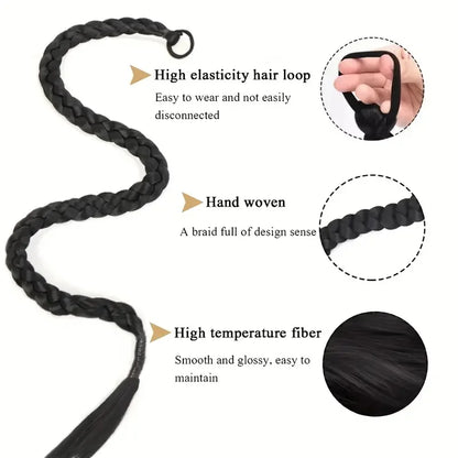 Women’s Long Box Braid Ponytail Extension - Synthetic Straight Braided Hairpiece with Clip-In Elastic Band for Daily Style