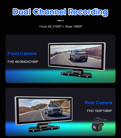11.26-inch 4K Car DVR Dash Cam – Dual Lens Wireless CarPlay & Android Auto, GPS Navigation, 5G WiFi, FM, AUX Video Recorder Monitor