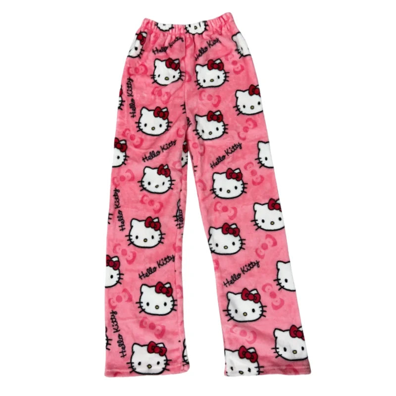 Kawaii Hello Kitty Flannel Pajama Pants – Warm Woolen Anime Trousers for Women, Cute Autumn Loungewear Gift