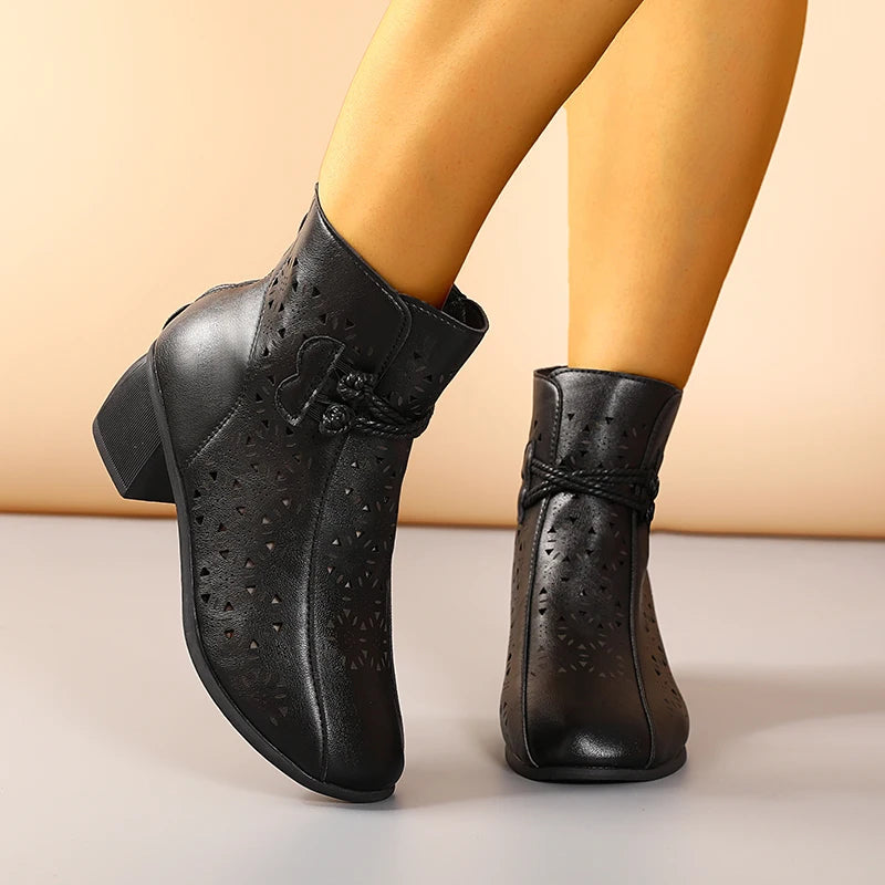 Women’s Hollow-Out Ankle Boots - 2025 Summer Retro Mid-Heel Soft Sole Breathable Shoes