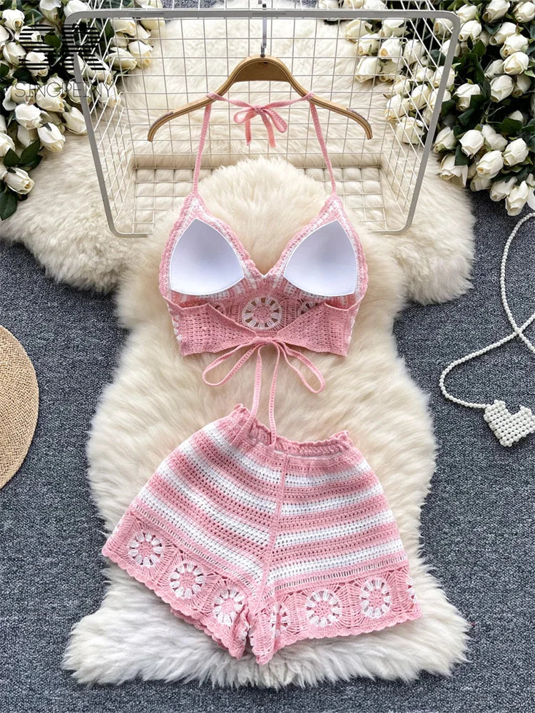 SINGREINY Women's Beach Knit 2-Piece Set – Halter Lace-Up Camis & Elastic Waist Shorts, Hollow Hook Flower Design