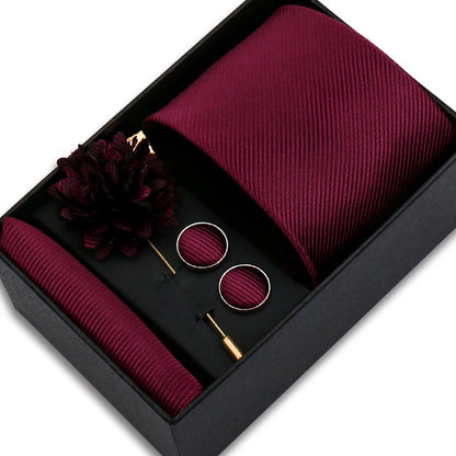 Men's Solid Color Tie Set - Jacquard Necktie, Hanky, Cufflinks & Brooch Gift Box for Weddings