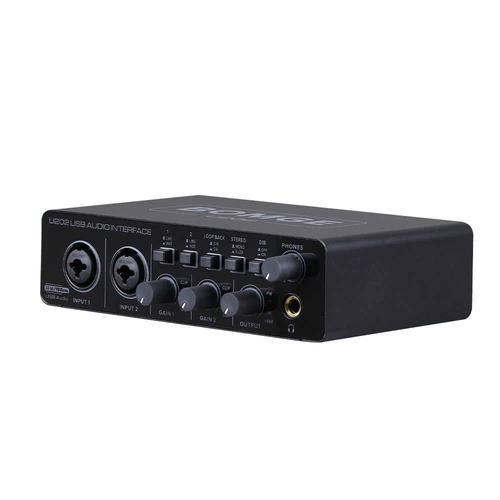 BOMGE U202 USB Audio Interface – Mic Preamplifier with XLR/TS/TRS Ports, 48V Phantom Power, 32-Bit/192kHz for Computer Recording & Streaming