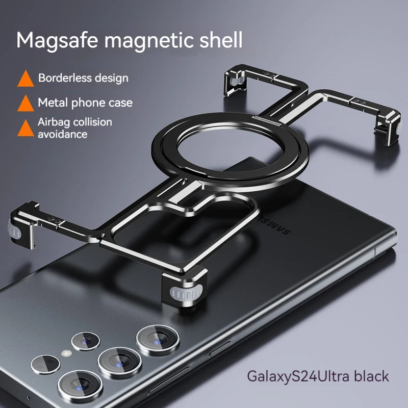 Magnetic Metal Phone Case for Samsung Galaxy S24/S23 Ultra – Aluminum Alloy Frameless Bumper with Finger Ring