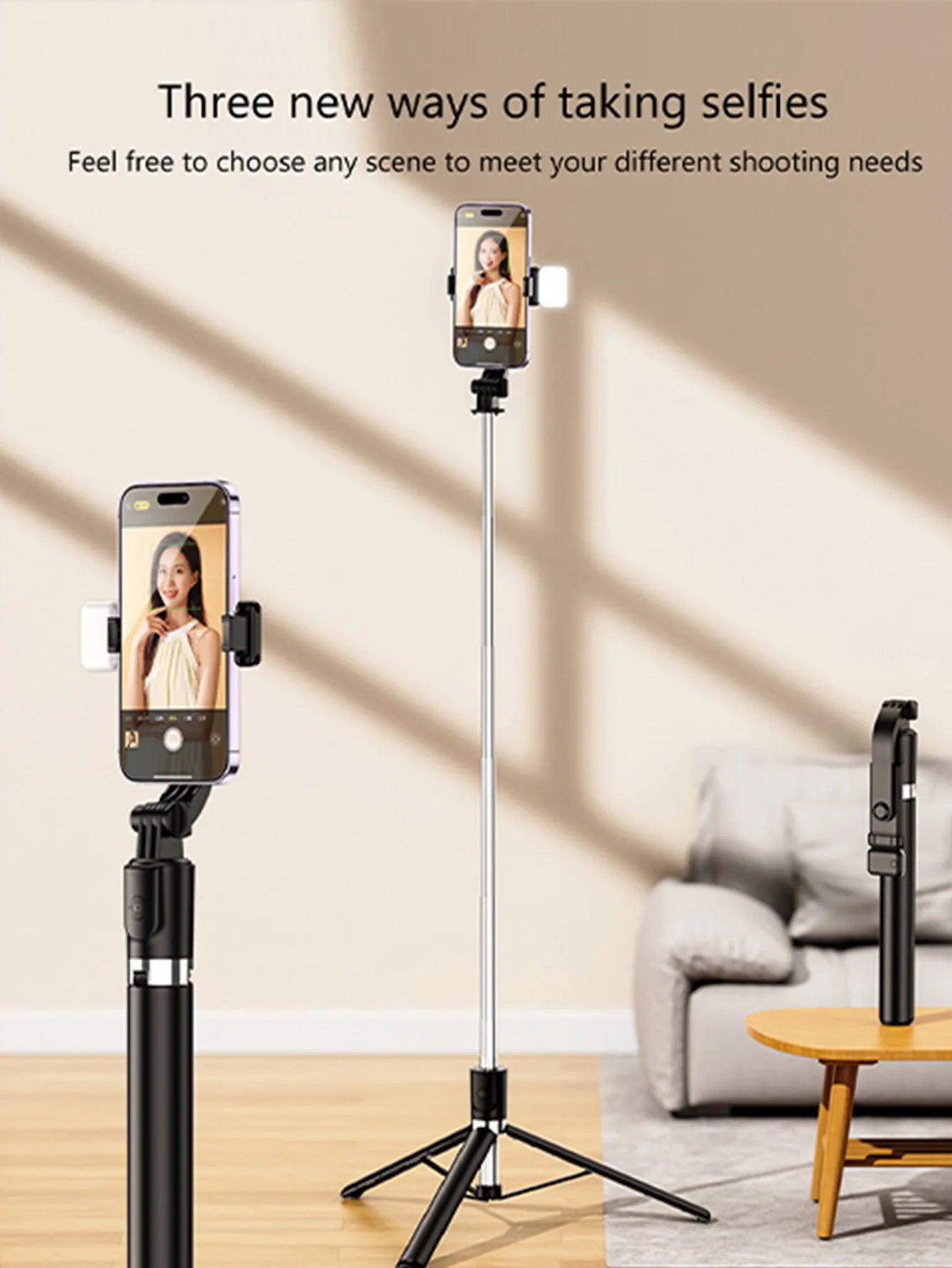170cm/67in Selfie Stick Tripod – Extendable Aluminum Stand with Fill Light & Bluetooth Remote, Compatible with iPhone & Android