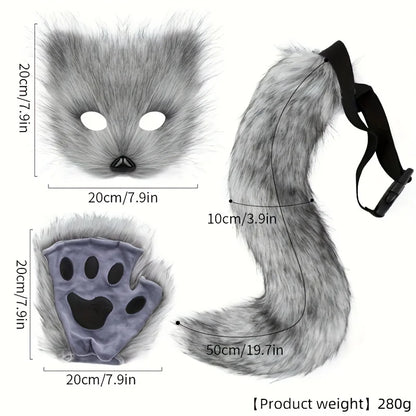 5pcs Fluffy Fur Fox Tail & Cat Paws Gloves Set — Wolf Mask Halloween Cosplay Costume Accessories for Theme Party Dress-Up