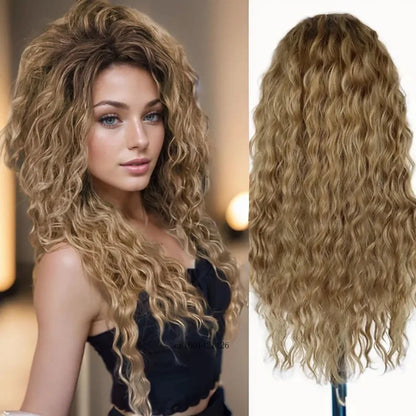 Ash Blonde Synthetic Wig – 26" Long Curly Ombre Hair, Fluffy Wave Wig for Women, Costume & Party Wig