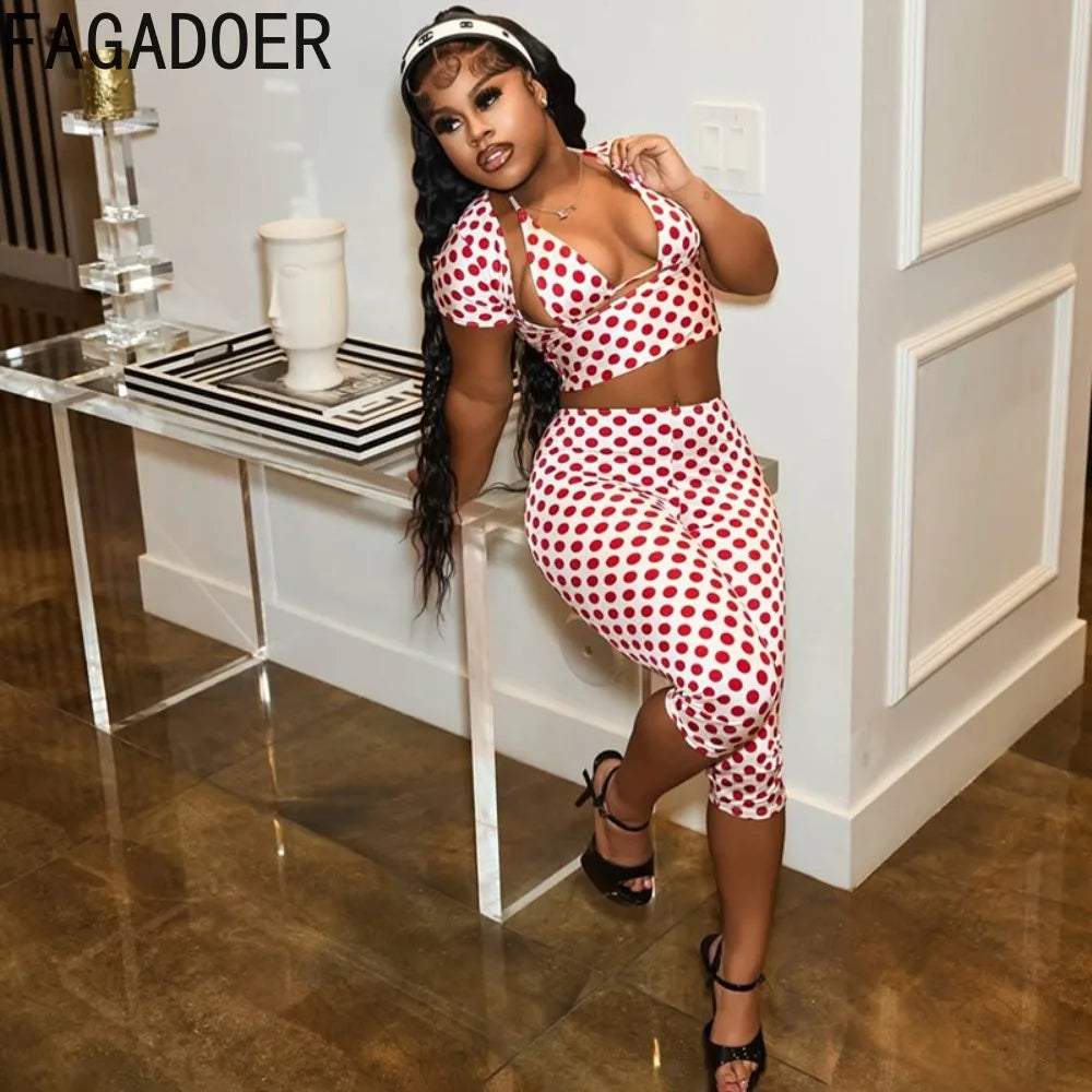 FAGADOER 3-Piece Polka Dot Women’s Outfit Set – Sexy Patchwork Crop Top, Short Sleeve Tee & Pants Streetwear Matching Fashion Set