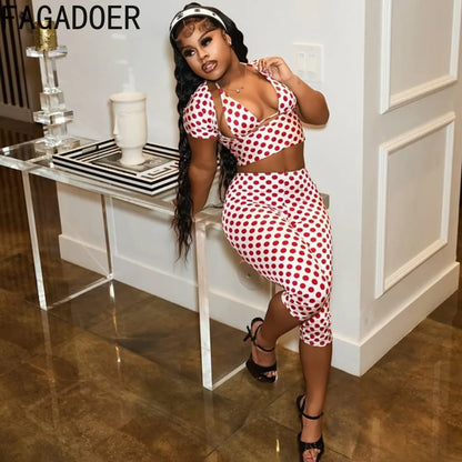 FAGADOER 3-Piece Polka Dot Women’s Outfit Set – Sexy Patchwork Crop Top, Short Sleeve Tee & Pants Streetwear Matching Fashion Set