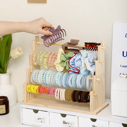 Solid Wood Hair Accessory Organizer - 2 to 5 Layer Desktop Jewelry & Hair Tie Stand