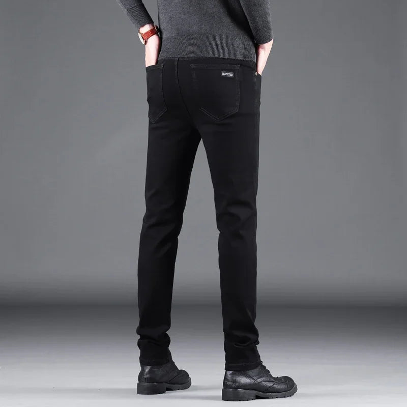 Men’s Spring Autumn Slim Black Jeans — Elastic Straight Korean Vintage Denim Pants for Business & Casual Wear