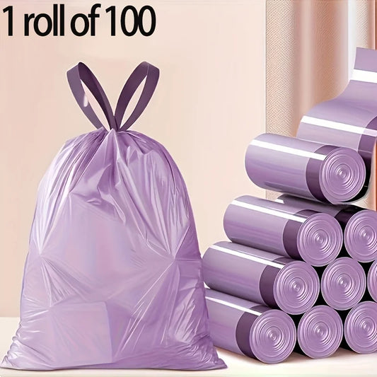 Purple Drawstring Trash Bags 100-Pack – Thick Leak-Proof Disposable Garbage Bags for Kitchen Bathroom Home Use Bin Liners