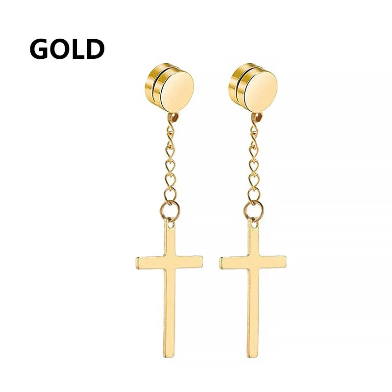 Stainless Steel Cross Star Dangle Earrings - Punk Gothic Hoop Huggie Jewelry for Men & Women