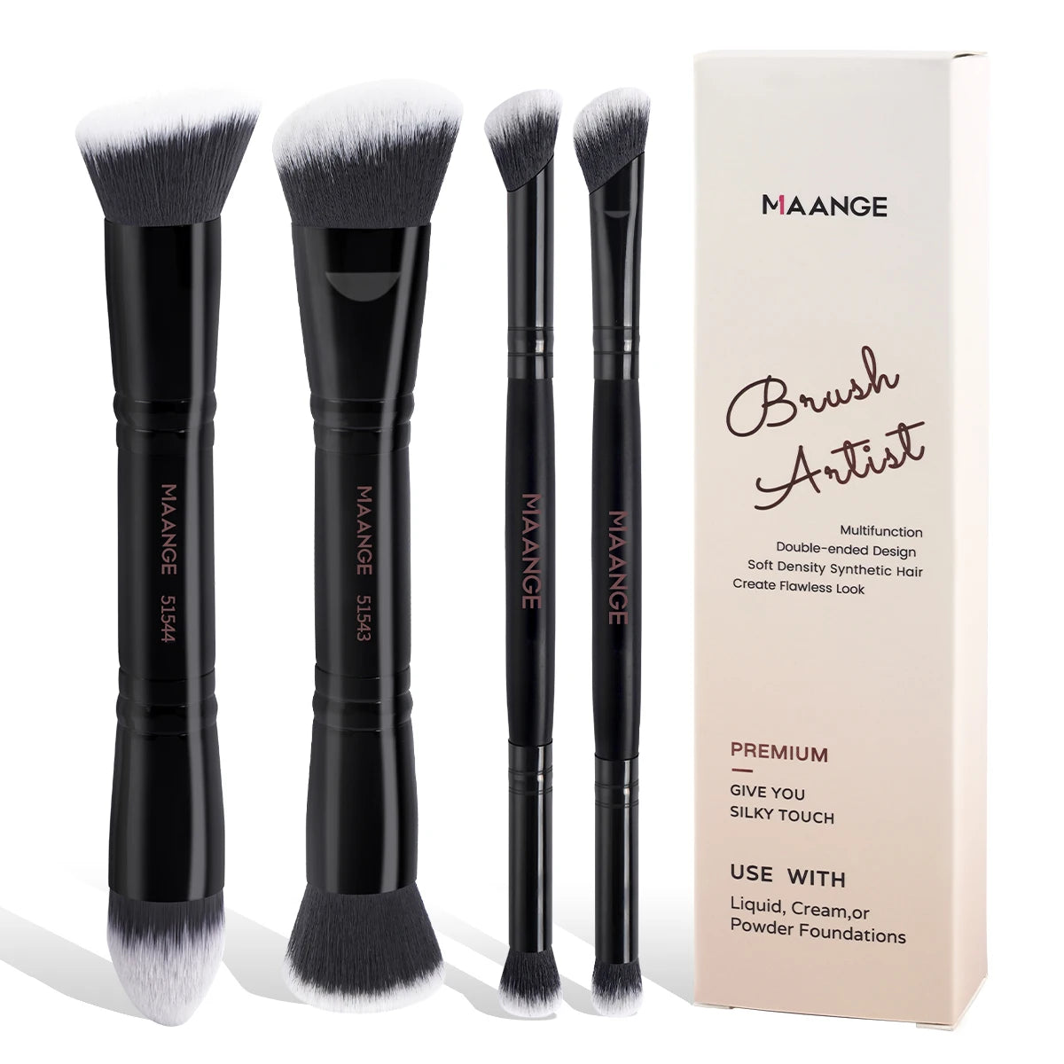 MAANGE 4PCS Basic Makeup Brush Set – Dual-Ended Foundation, Powder, Blush & Eyeshadow Brushes with Travel Box