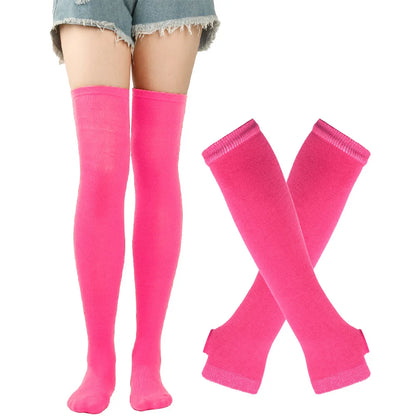 Women & Girls Over Knee Long Stripe Printed Thigh High Cotton Socks – Cute Plus Size Arm Sleeve Gloves & Overknee Socks