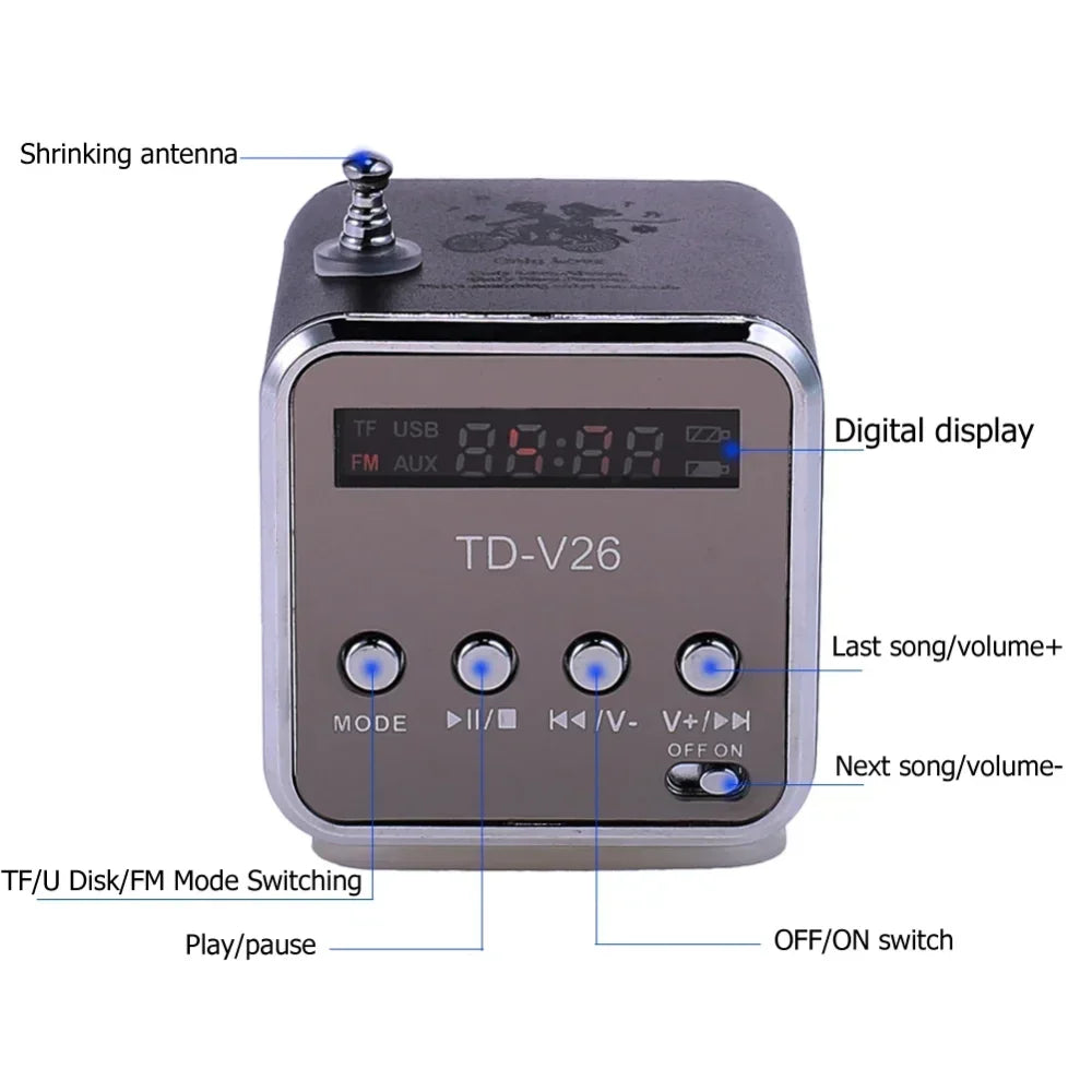VIKEFON TD-V26 Mini Portable Bluetooth Speaker — TF Card, FM Radio, AUX Stereo Music Player for Outdoor & Party Use