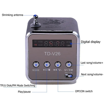 VIKEFON TD-V26 Mini Portable Bluetooth Speaker — TF Card, FM Radio, AUX Stereo Music Player for Outdoor & Party Use