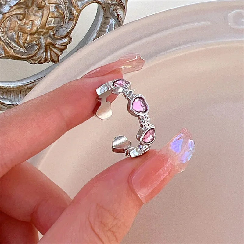3PCS Heart Zircon Open Ring Set - Y2K Gothic Fashion Jewelry Accessories for Women & Girls