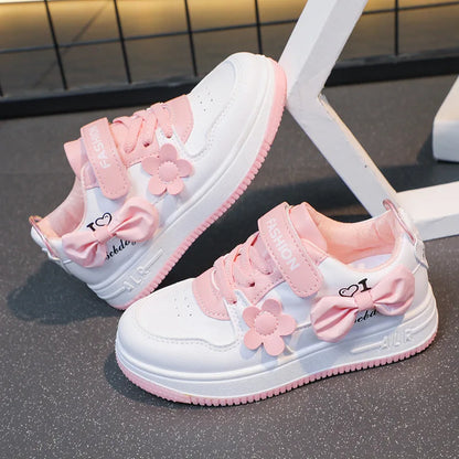 Girls Pink Bow Flower Sneakers - Breathable Non-Slip Casual Sports Shoes for Kids