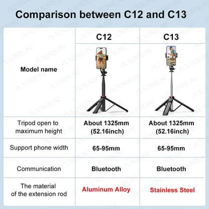 AXNEN Mobile Phone Tripod C12/C13 – 1325mm Stand for Cellphone & GoPro, with Wireless Bluetooth Remote for Live Streaming