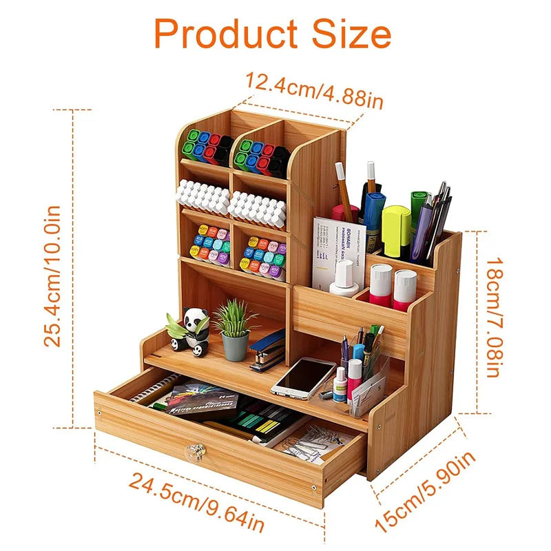 Wooden Desk Organizer DIY, Large Capacity Pen Holder with Drawer, Desktop Tidy and Stationery Storage Box for Home, Office, and School
